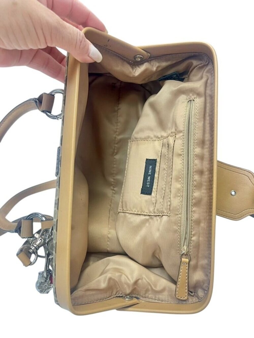 Nine West Beige Jacquard Satchel Bag Shoulder Purse & Wallet Set Charm Keychain - Picture 6 of 11
